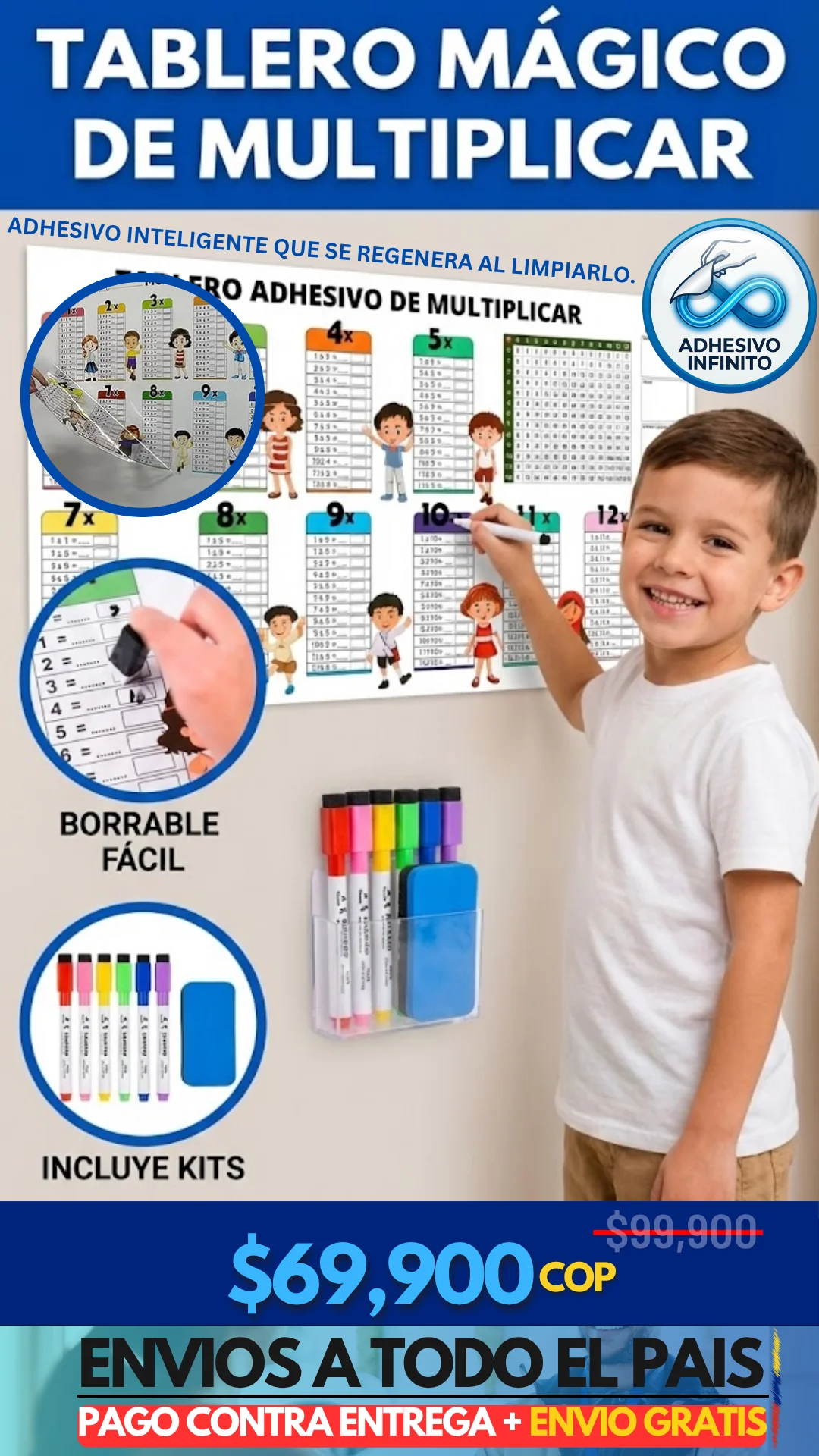 TABLERO ADHESIVO DIDACTICO - TABLAS DE MULTIPLICAR